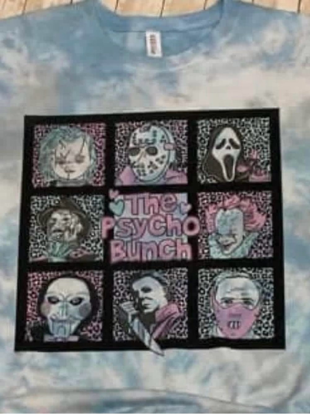 Halloween hand dyed Blue and Pink 'The Psycho Bunch' Horror Character Shirt